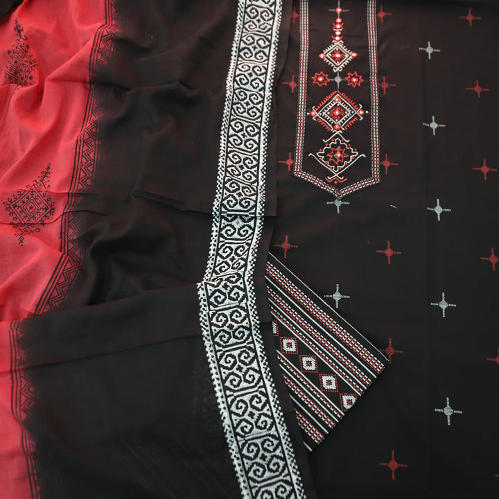 Aasmani Ebony Black Thread Emnbroidered Neck Patch with Patra Cotton Suit Set