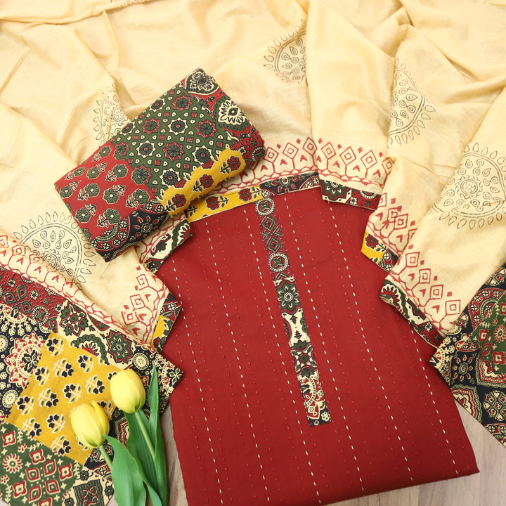 Jiya Bride Red Running Stitch Work with Patch Cotton Set