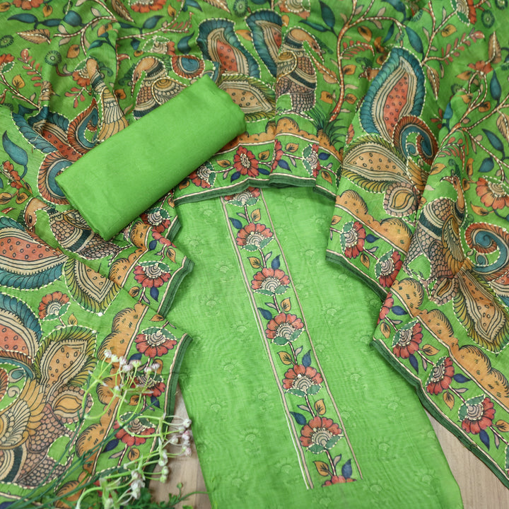 Prashi Parrot Green Self Printed in Kantha Embroidery Neck Work Chanderi Set