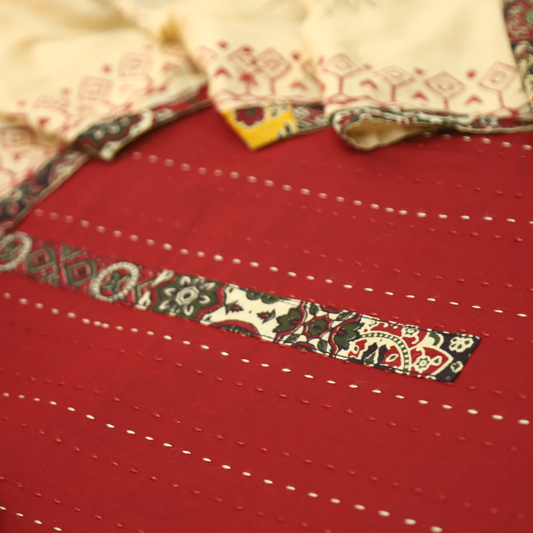 Jiya Bride Red Running Stitch Work with Patch Cotton Set