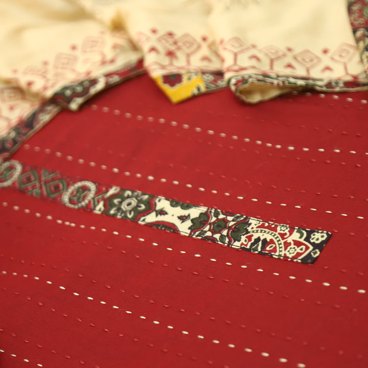 Jiya Bride Red Running Stitch Work with Patch Cotton Set