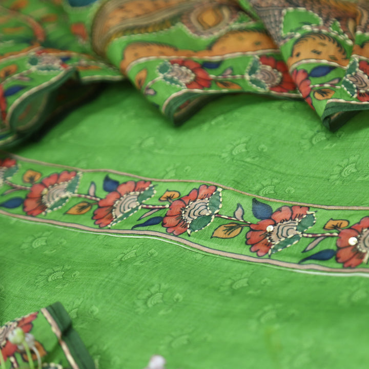 Prashi Parrot Green Self Printed in Kantha Embroidery Neck Work Chanderi Set