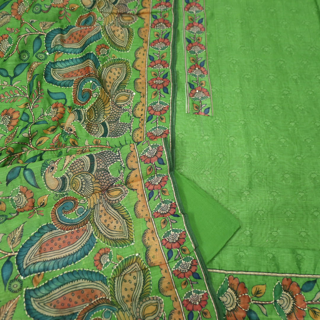 Prashi Parrot Green Self Printed in Kantha Embroidery Neck Work Chanderi Set