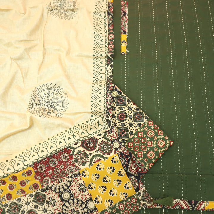 Jiya Forest Green Running Stitch Work with Patch Cotton Set