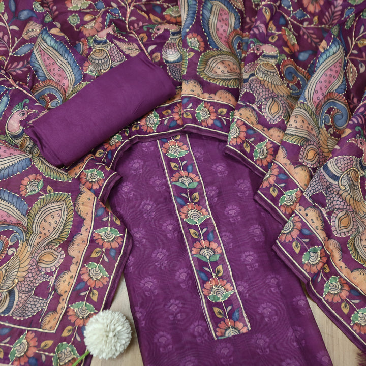 Prashi Vibrant Purple Self Printed in Kantha Embroidery Neck Work Chanderi Set