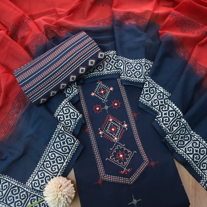 Aasmani Navy Blue Thread Emnbroidered Neck Patch with Patra Cotton Suit Set