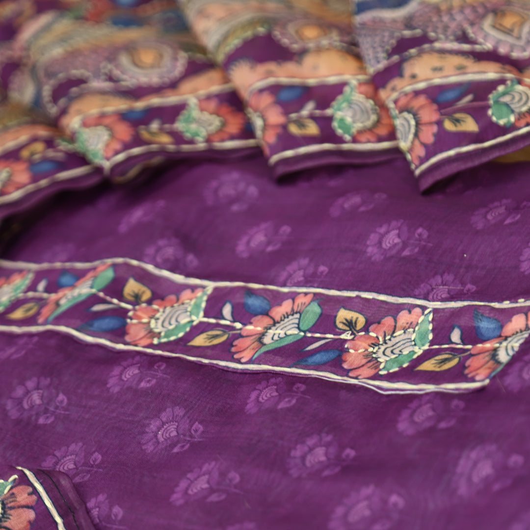 Prashi Vibrant Purple Self Printed in Kantha Embroidery Neck Work Chanderi Set