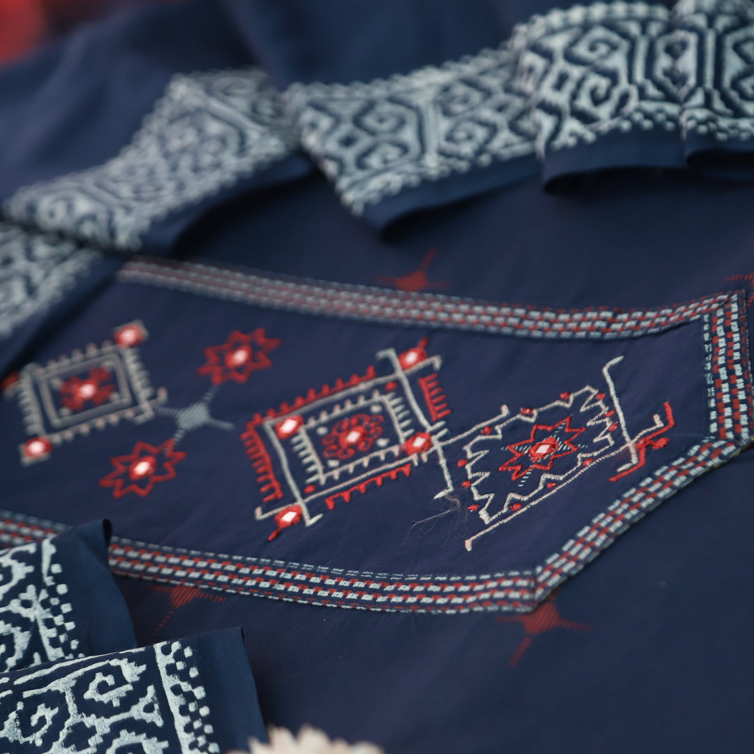 Aasmani Navy Blue Thread Emnbroidered Neck Patch with Patra Cotton Suit Set