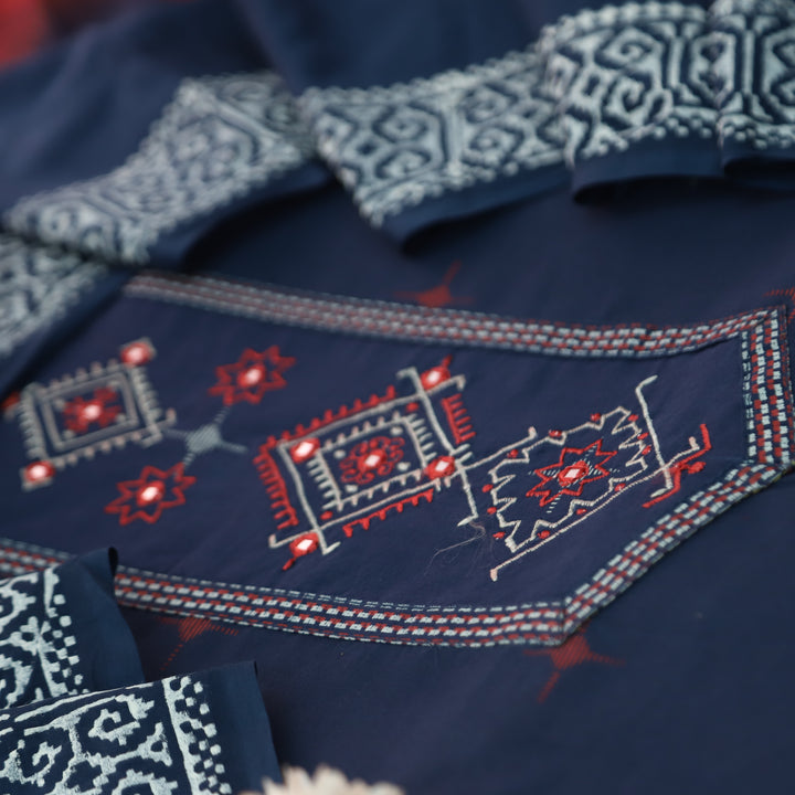 Aasmani Navy Blue Thread Emnbroidered Neck Patch with Patra Cotton Suit Set