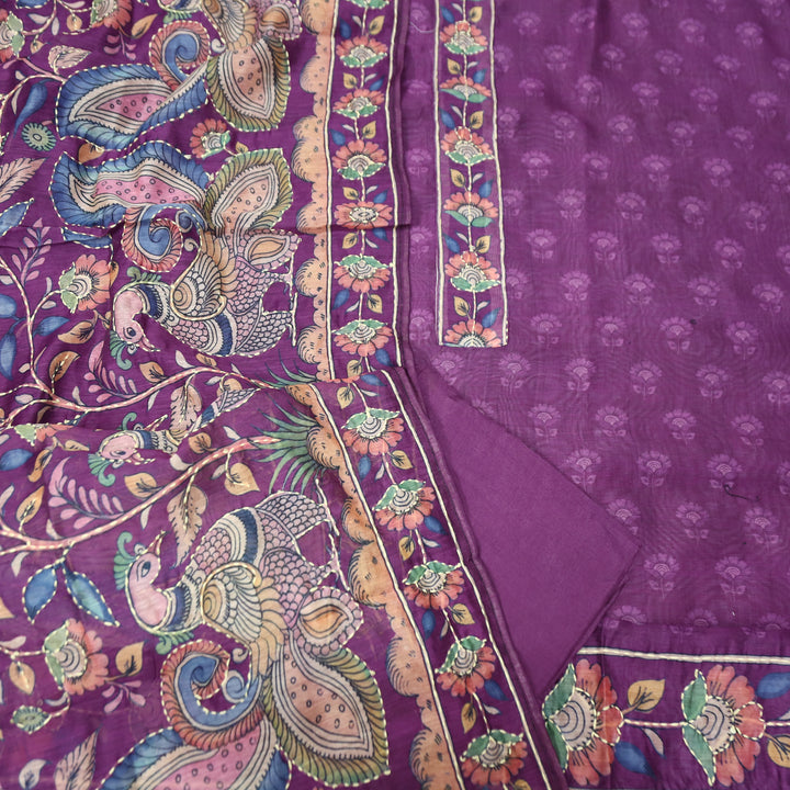 Prashi Vibrant Purple Self Printed in Kantha Embroidery Neck Work Chanderi Set
