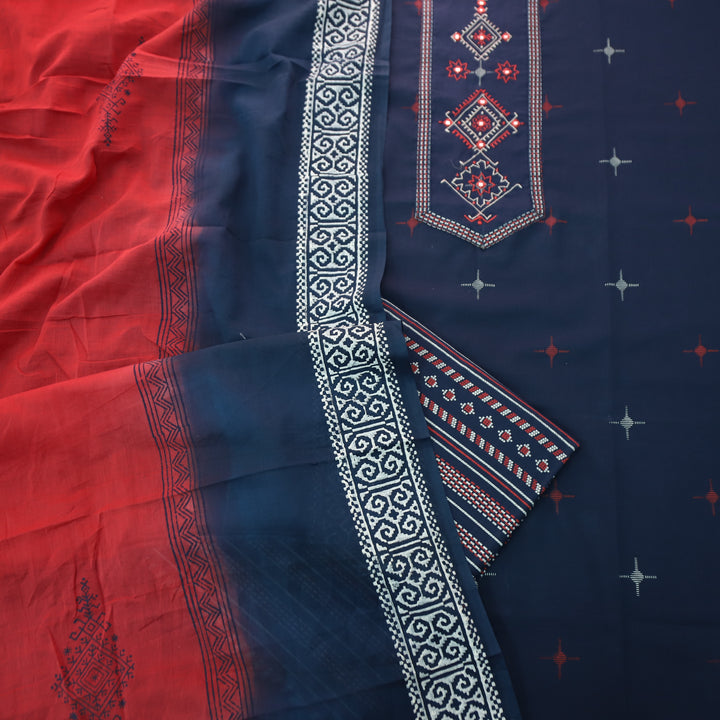 Aasmani Navy Blue Thread Emnbroidered Neck Patch with Patra Cotton Suit Set