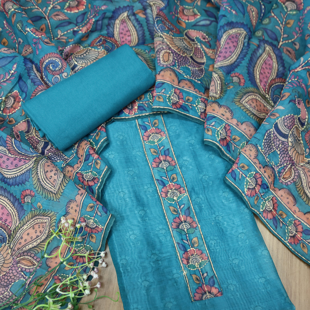 Prashi Aashmani Blue Self Printed in Kantha Embroidery Neck Work Chanderi Set