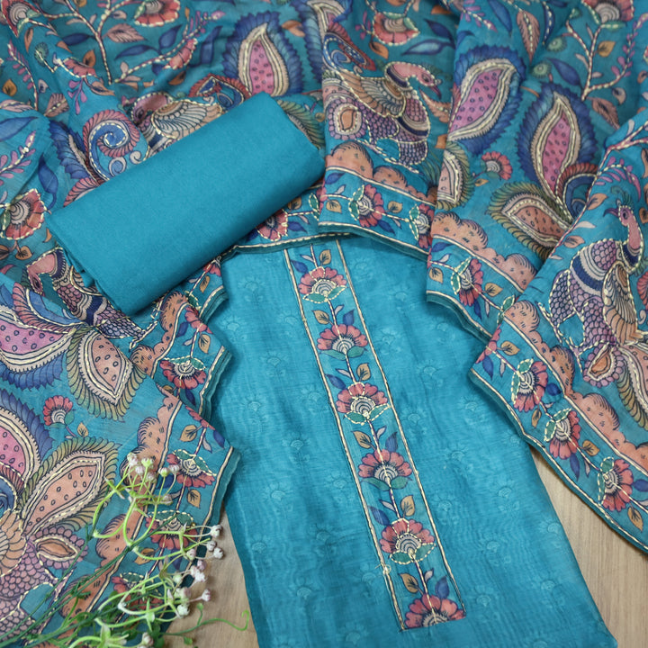Prashi Aashmani Blue Self Printed in Kantha Embroidery Neck Work Chanderi Set