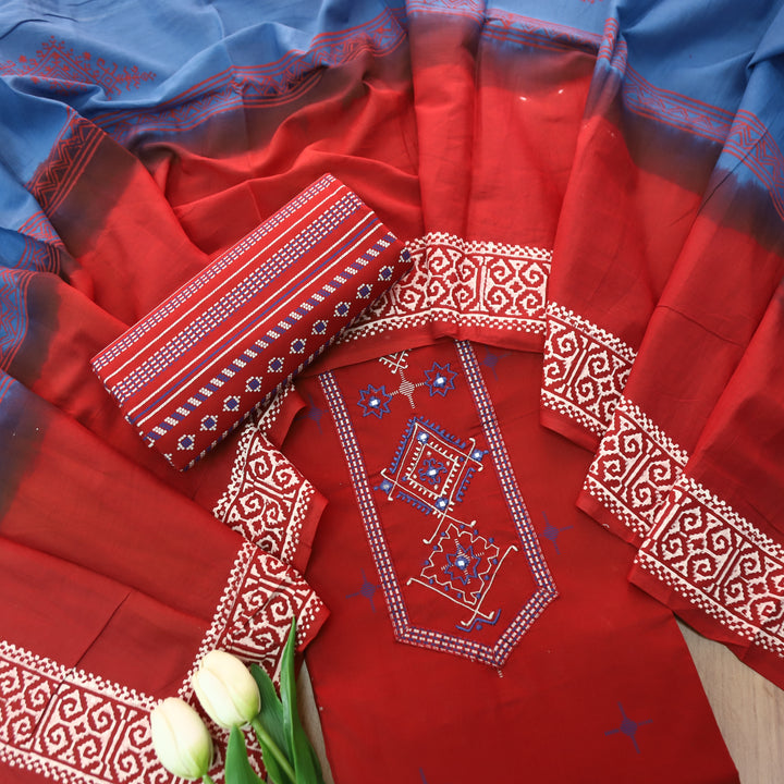 Aasmani Cherry Red Thread Emnbroidered Neck Patch with Patra Cotton Suit Set