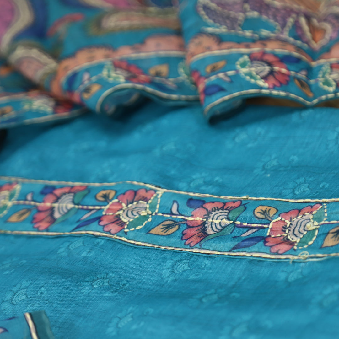 Prashi Aashmani Blue Self Printed in Kantha Embroidery Neck Work Chanderi Set