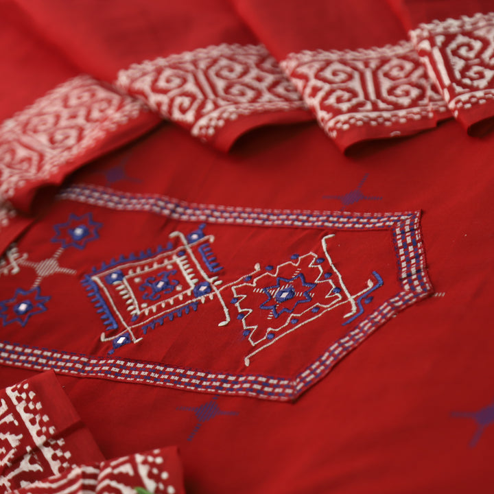 Aasmani Cherry Red Thread Emnbroidered Neck Patch with Patra Cotton Suit Set