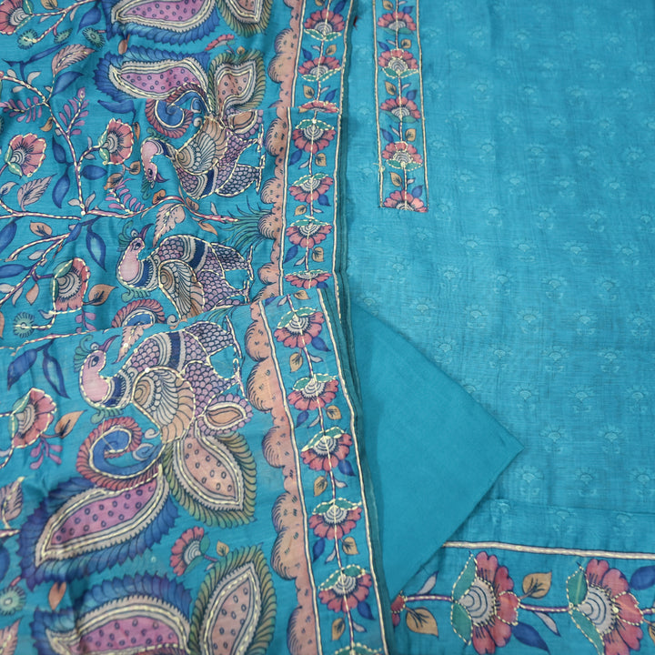 Prashi Aashmani Blue Self Printed in Kantha Embroidery Neck Work Chanderi Set