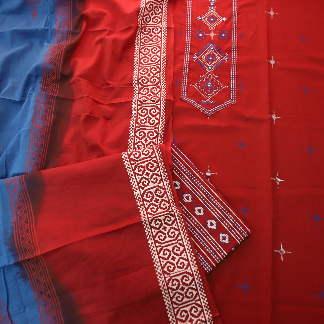 Aasmani Cherry Red Thread Emnbroidered Neck Patch with Patra Cotton Suit Set
