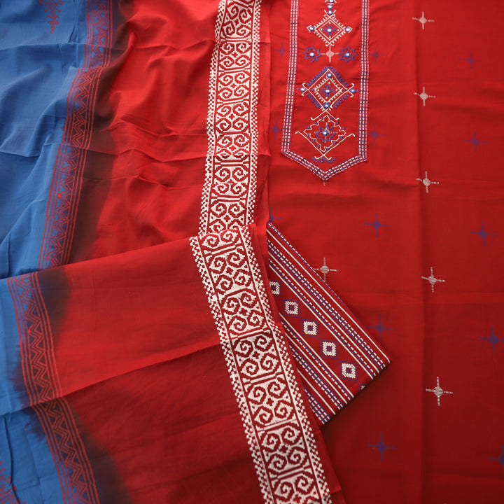 Aasmani Cherry Red Thread Emnbroidered Neck Patch with Patra Cotton Suit Set