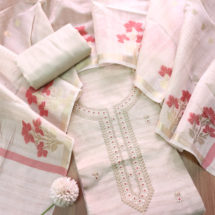 नुसरत Cream White with Red Thread and Embellished Work Tussar look Chanderi Set