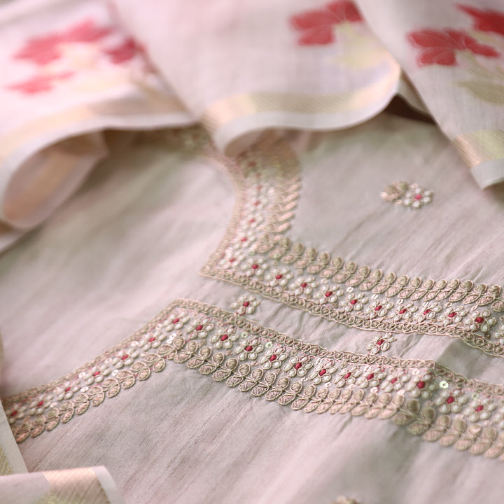 नुसरत Cream White with Red Thread and Embellished Work Tussar look Chanderi Set