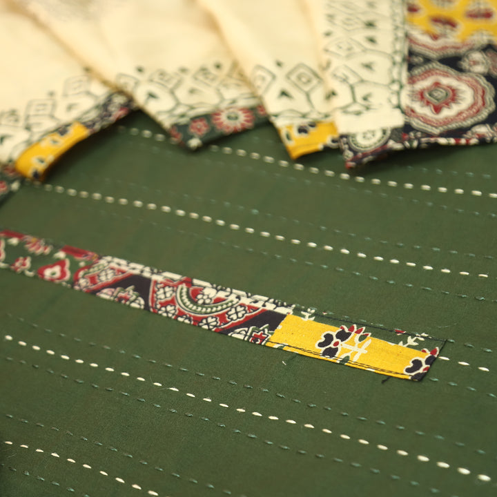 Jiya Forest Green Running Stitch Work with Patch Cotton Set