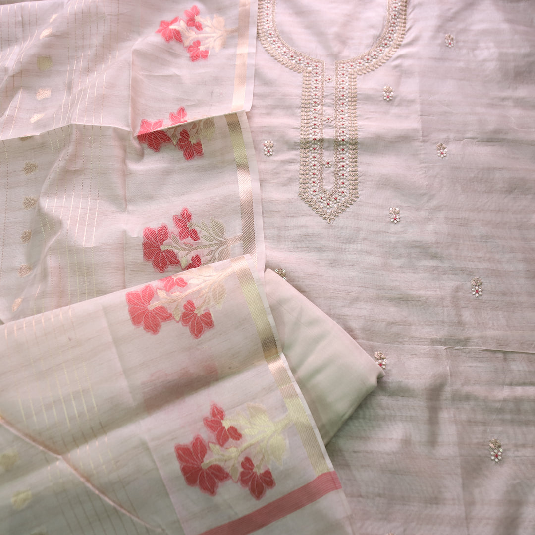 नुसरत Cream White with Red Thread and Embellished Work Tussar look Chanderi Set