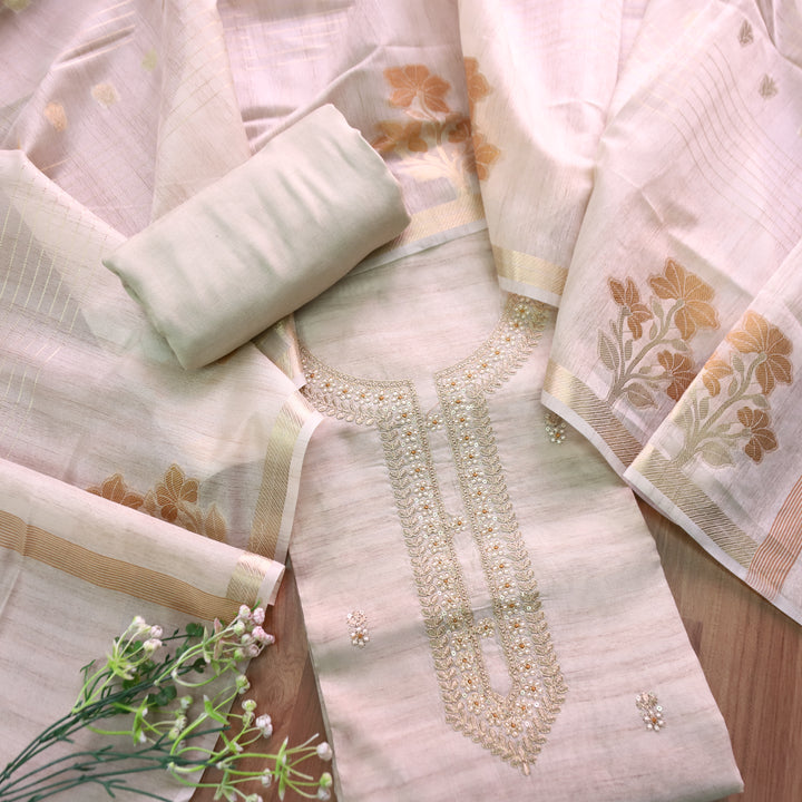 नुसरत Cream White with Yellow Thread and Embellished Work Tussar look Chanderi Set