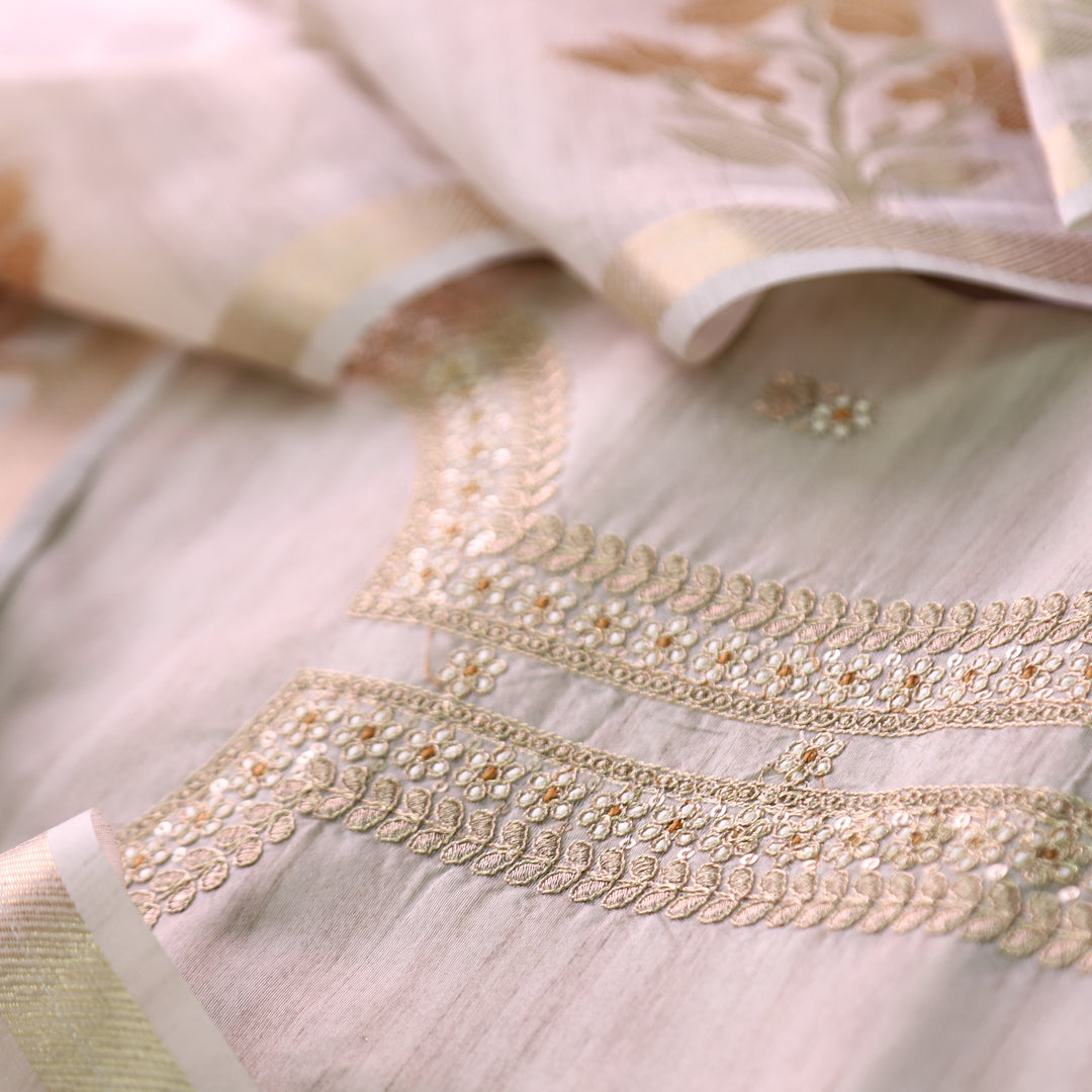 नुसरत Cream White with Yellow Thread and Embellished Work Tussar look Chanderi Set