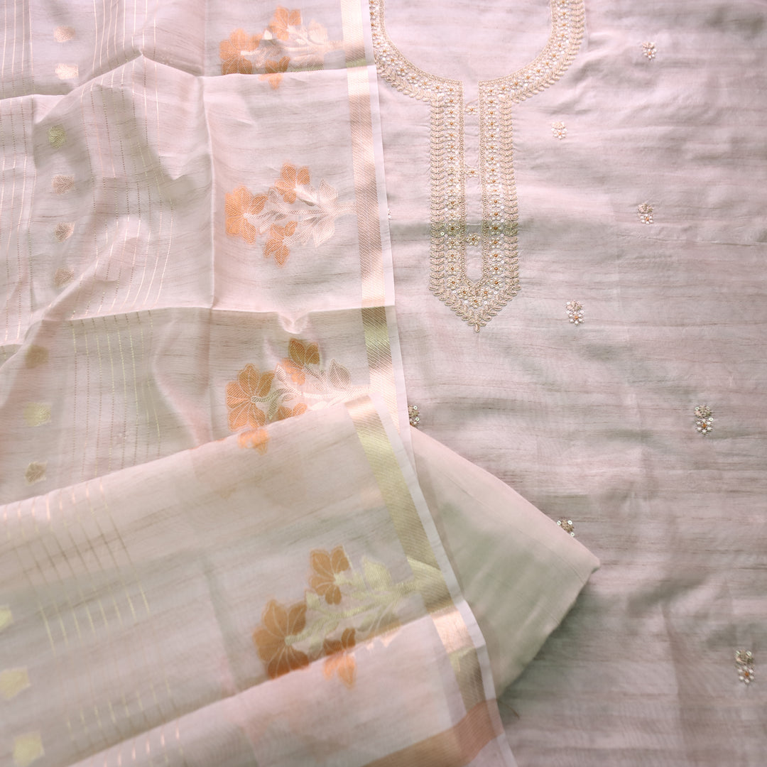 नुसरत Cream White with Yellow Thread and Embellished Work Tussar look Chanderi Set