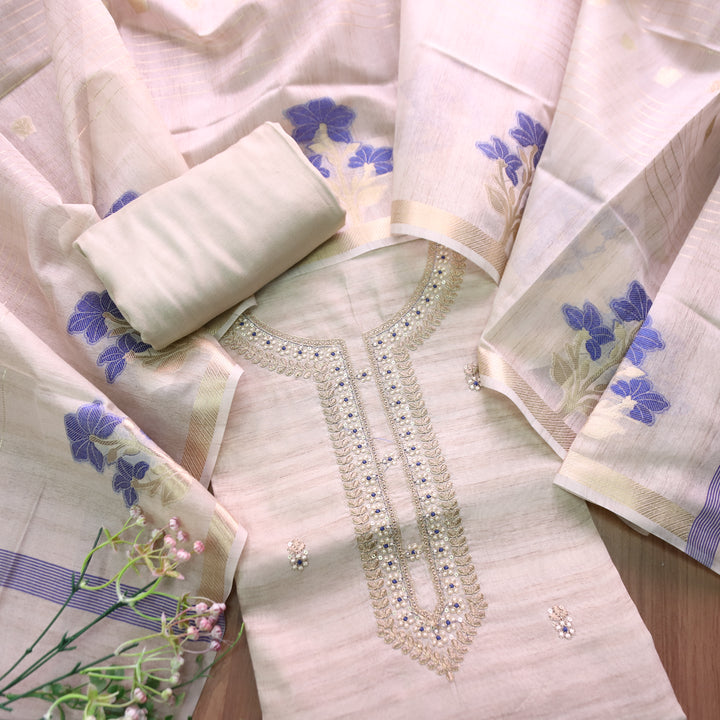 नुसरत Cream White with Blue Thread and Embellished Work Tussar look Chanderi Set