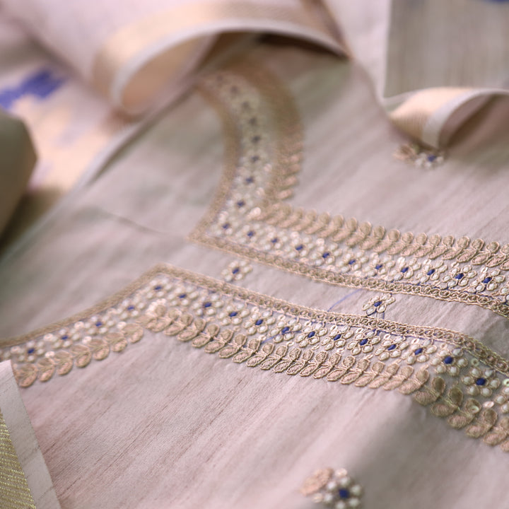 नुसरत Cream White with Blue Thread and Embellished Work Tussar look Chanderi Set