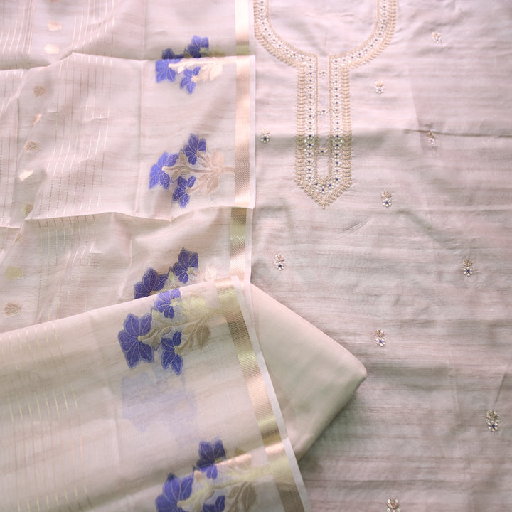 नुसरत Cream White with Blue Thread and Embellished Work Tussar look Chanderi Set