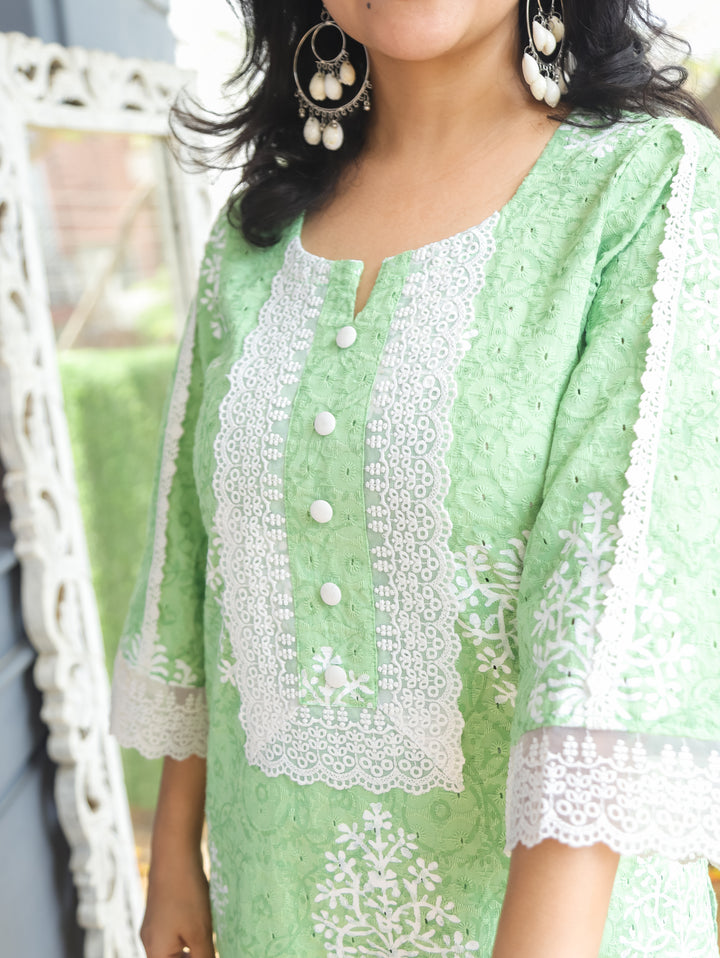 Paro Green Lace Work Cotton Schiffli 2 Piece Set