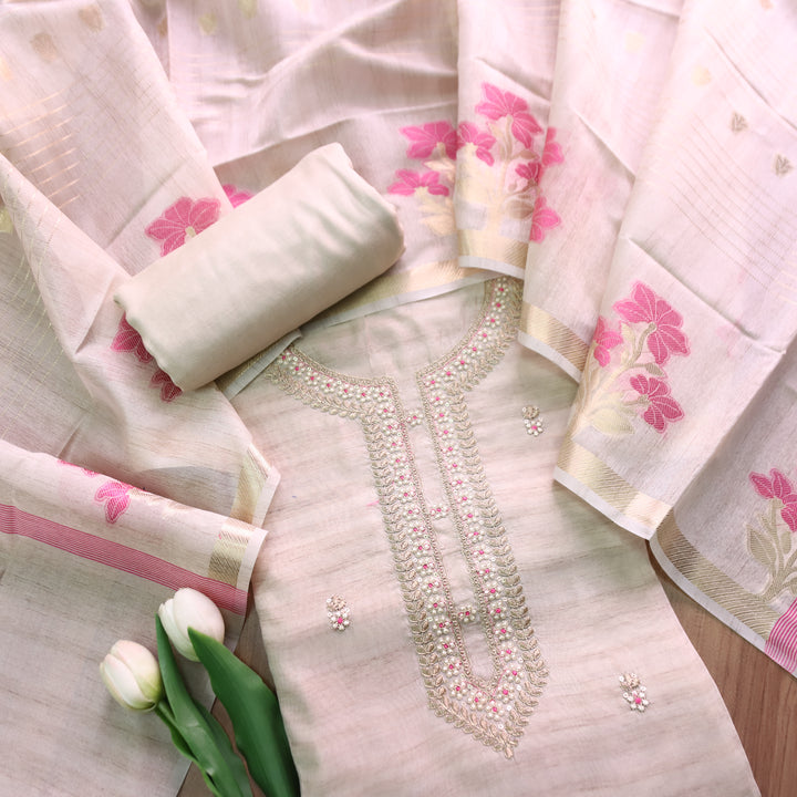 नुसरत Cream White with Pink Thread and Embellished Work Tussar look Chanderi Set