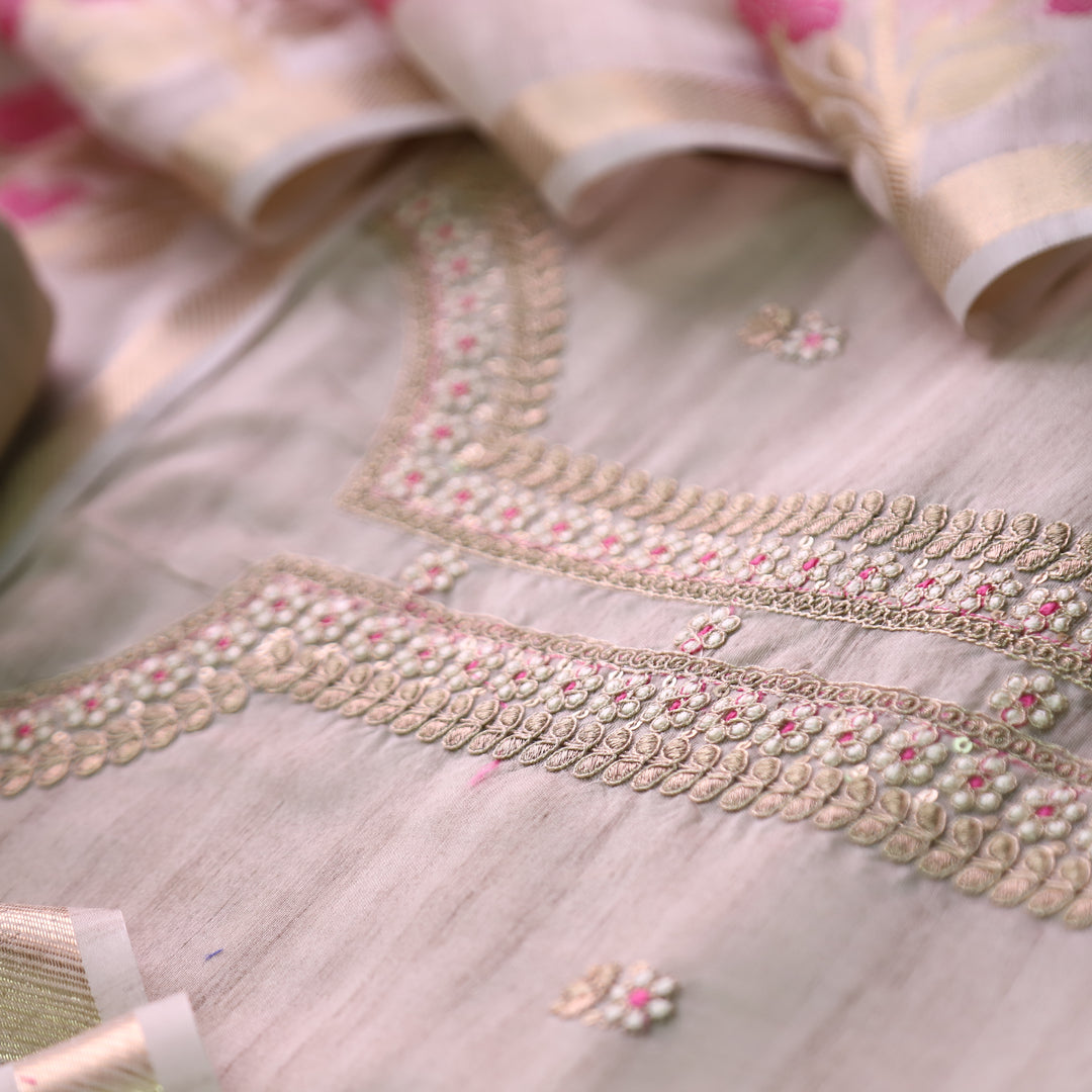 नुसरत Cream White with Pink Thread and Embellished Work Tussar look Chanderi Set