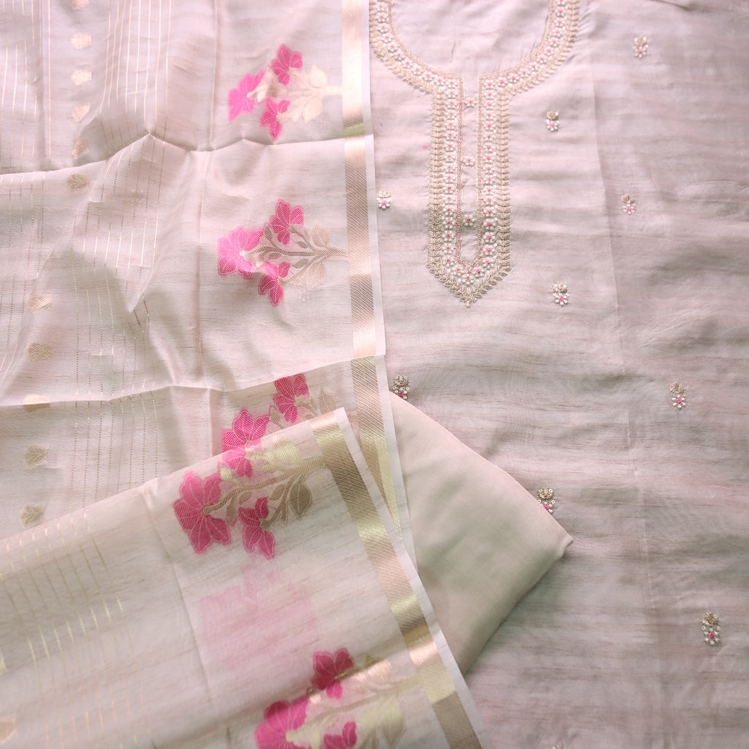 नुसरत Cream White with Pink Thread and Embellished Work Tussar look Chanderi Set