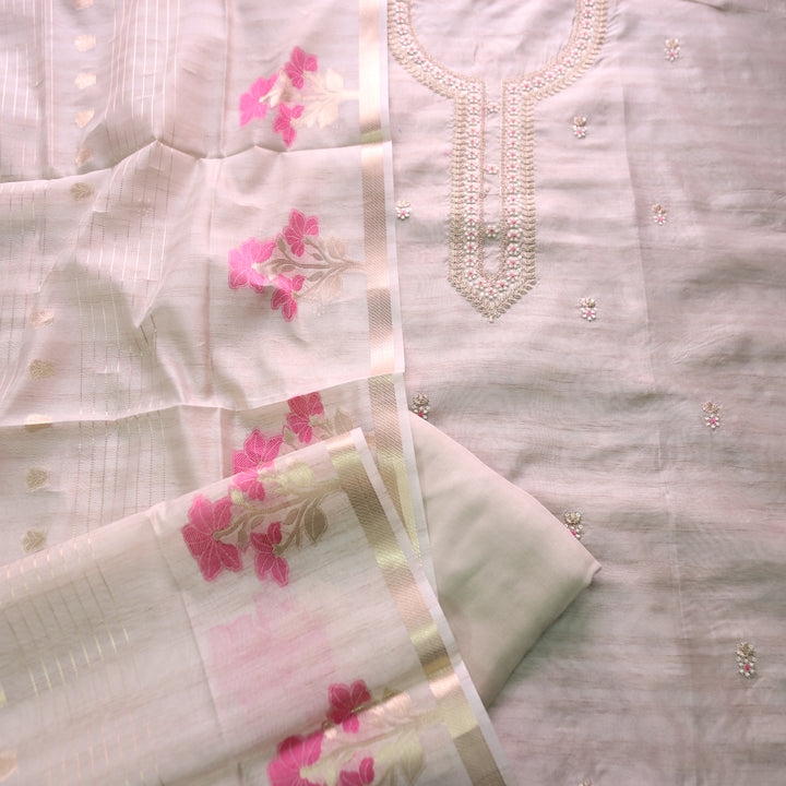 नुसरत Cream White with Pink Thread and Embellished Work Tussar look Chanderi Set