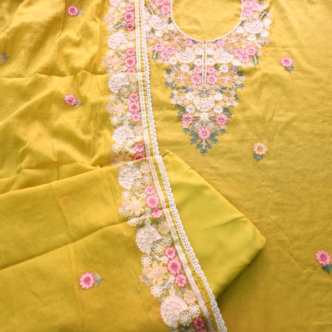 Hoor Turmeric Yellow Thread Embroidered with Moti Work Mul Chanderi Set