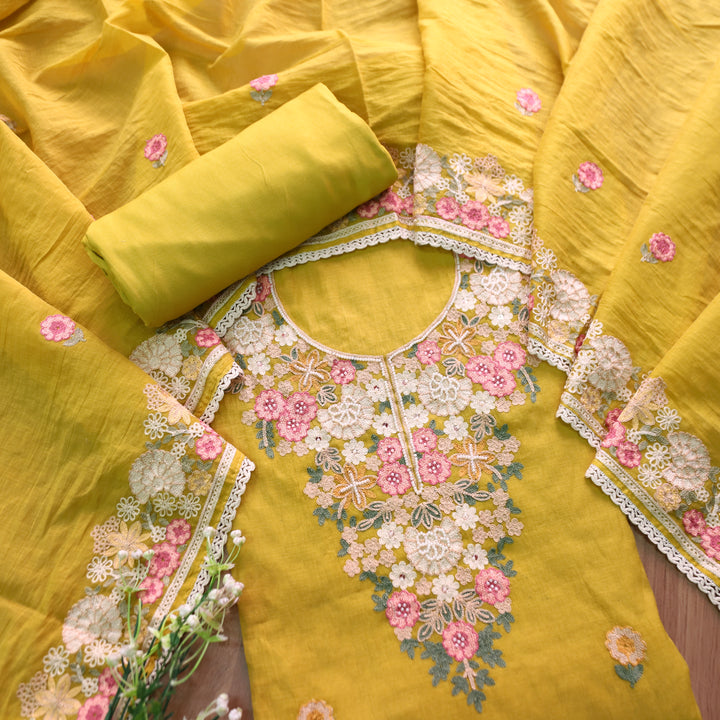 Hoor Turmeric Yellow Thread Embroidered with Moti Work Mul Chanderi Set