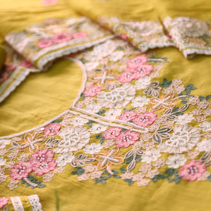 Hoor Turmeric Yellow Thread Embroidered with Moti Work Mul Chanderi Set