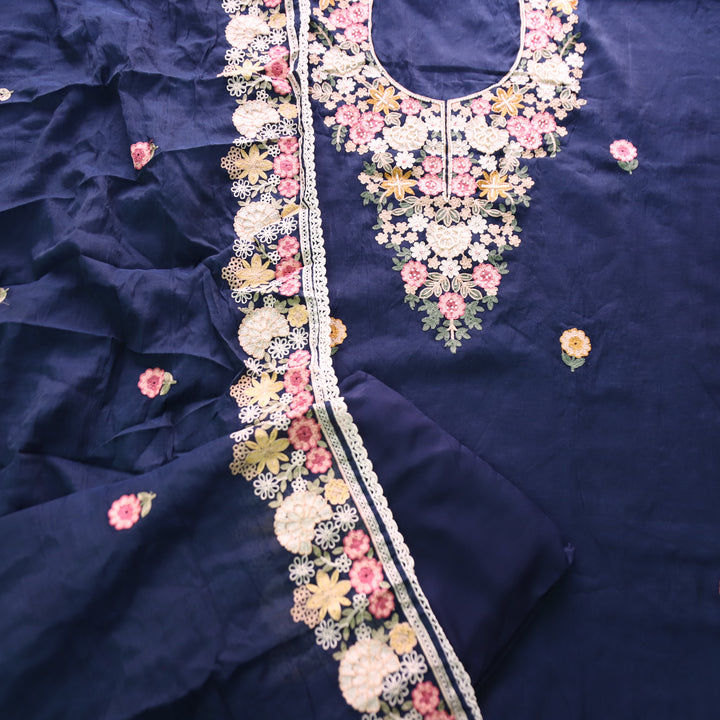 Hoor Navy Royal Blue Thread Embroidered with Moti Work Mul Chanderi Set