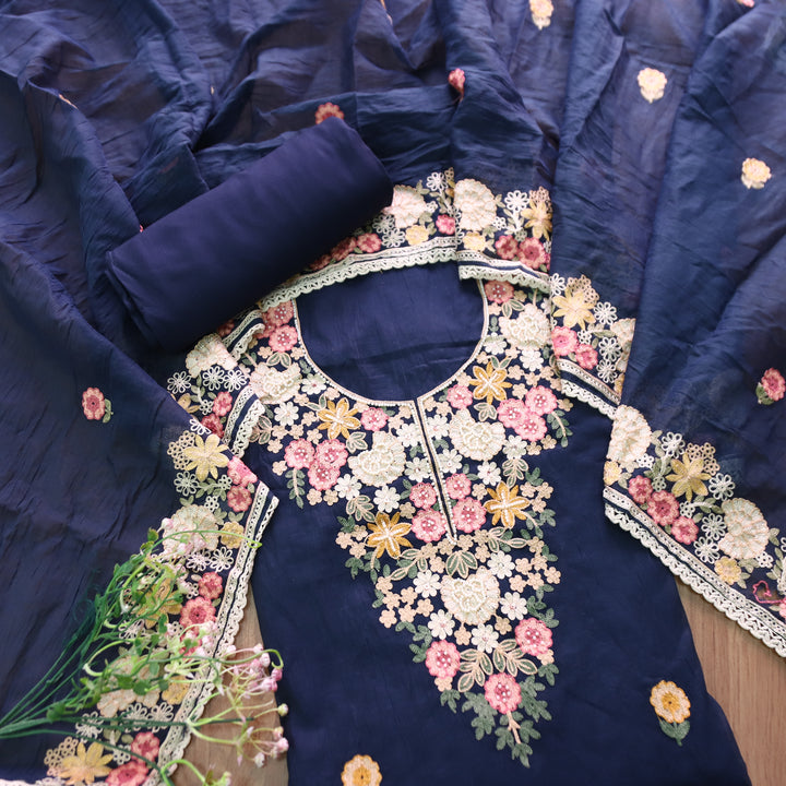 Hoor Navy Royal Blue Thread Embroidered with Moti Work Mul Chanderi Set
