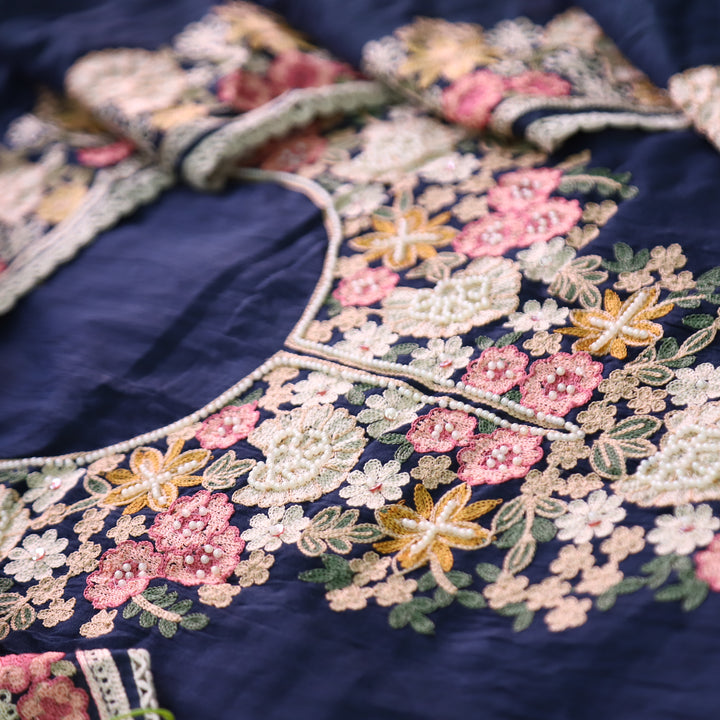 Hoor Navy Royal Blue Thread Embroidered with Moti Work Mul Chanderi Set
