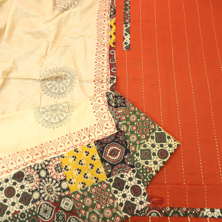 Jiya Rust Orange Running Stitch Work with Patch Cotton Set
