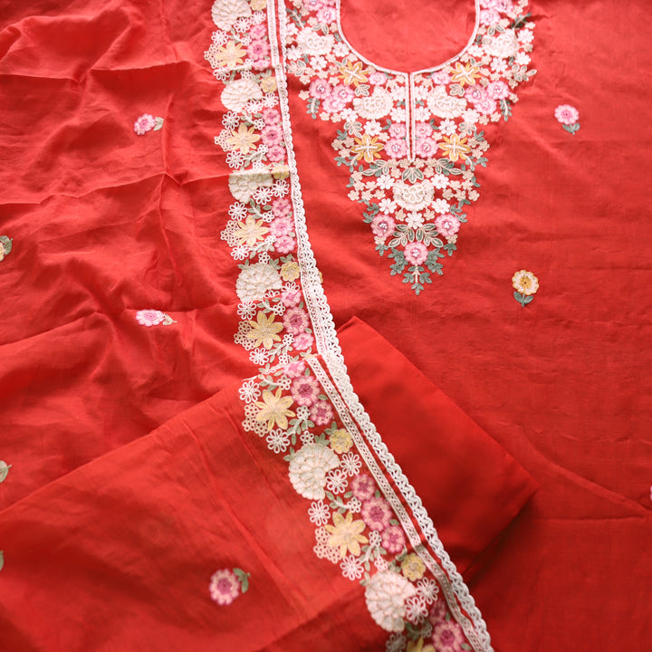 Hoor Rust Burnt Orange Thread Embroidered with Moti Work Mul Chanderi Set