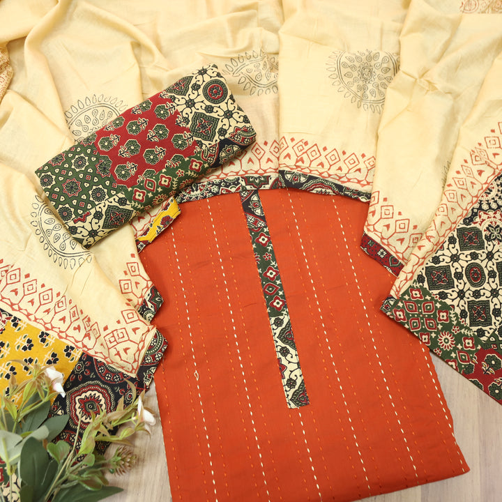 Jiya Rust Orange Running Stitch Work with Patch Cotton Set