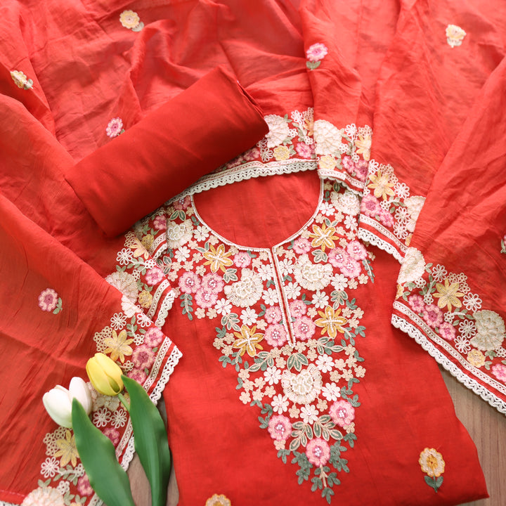 Hoor Rust Burnt Orange Thread Embroidered with Moti Work Mul Chanderi Set