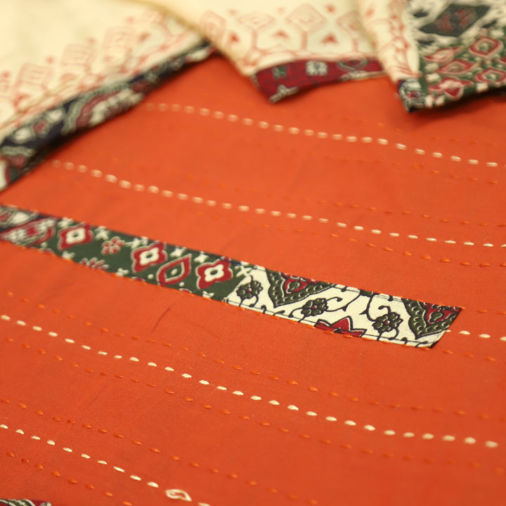 Jiya Rust Orange Running Stitch Work with Patch Cotton Set