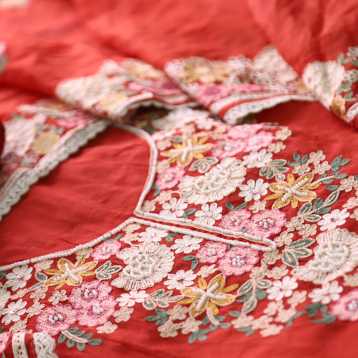 Hoor Rust Burnt Orange Thread Embroidered with Moti Work Mul Chanderi Set